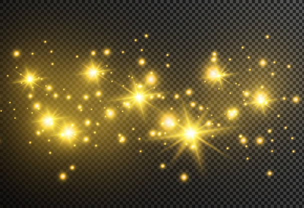 Dust white. White sparks and golden stars shine with special light. Vector sparkles on a transparent background. Christmas abstract pattern. Sparkling magical dust particles. - Вектор,изображение