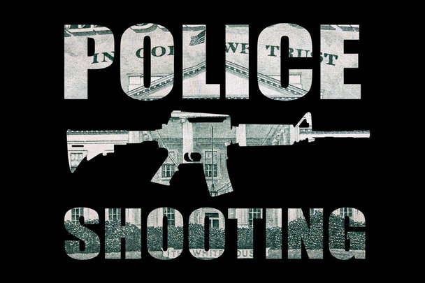 Пістолет зі стріляниною поліції, гроші на чорному тлі
. - Фото, зображення