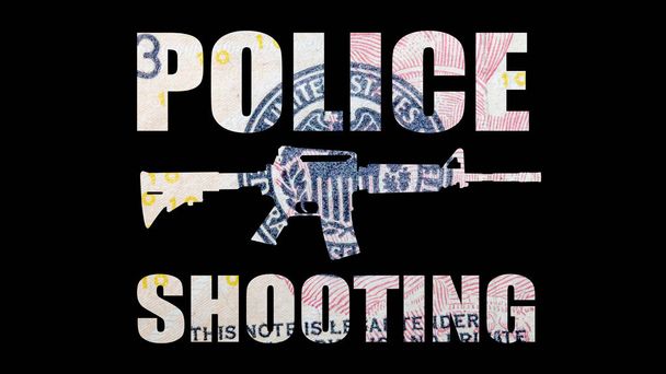 Pistola con letras de tiro de la policía, dinero sobre fondo negro
. - Foto, Imagen