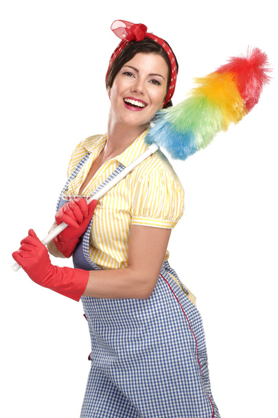 young happy beautiful woman maid dusting on white - Fotoğraf, Görsel