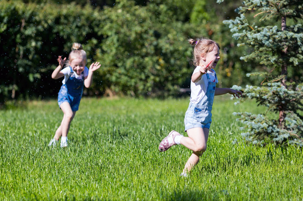 Lapset juoksevat vihreällä ruoholla kädestä pitäen.
. - Valokuva, kuva