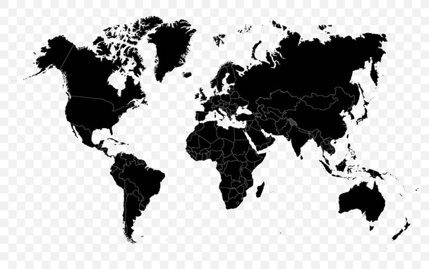Hallo detail zwarte vector politieke wereld kaart illustratie op transparante achtergrond - Vector, afbeelding