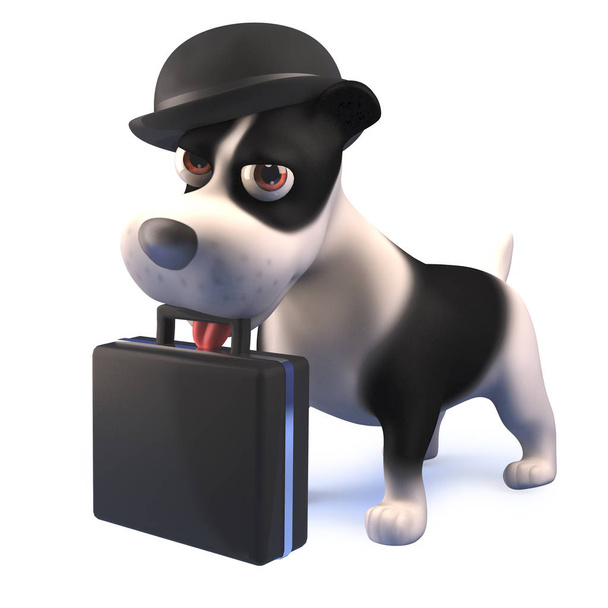 Cartoon fekete-fehér Kiskutya kutya viselése Bowler kalap és a gazdaság egy táskát 3D-ben - Fotó, kép