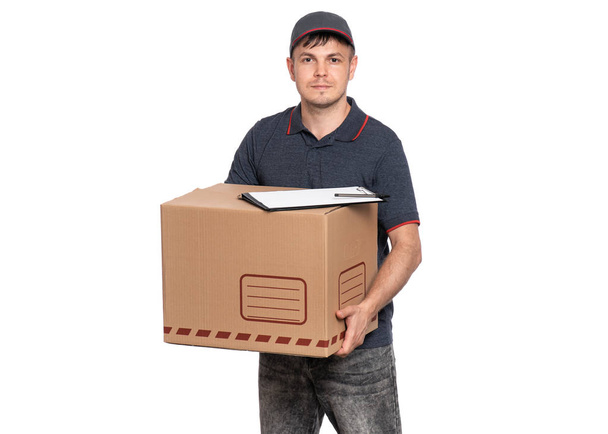 Delivery man in cap on white - Foto, afbeelding