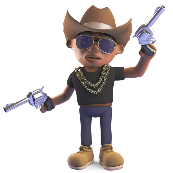 Black cowboy hiphop rap artist with stetson and guns, 3d illustration - Photo, Image