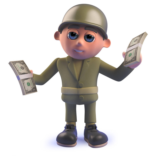 Cartoon 3D Armia Żołnierz trzyma wads dolara rachunki - Zdjęcie, obraz