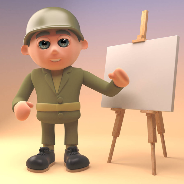 Dzielny żołnierz armii stojący przed pustym sztalodem, ilustracja 3D - Zdjęcie, obraz