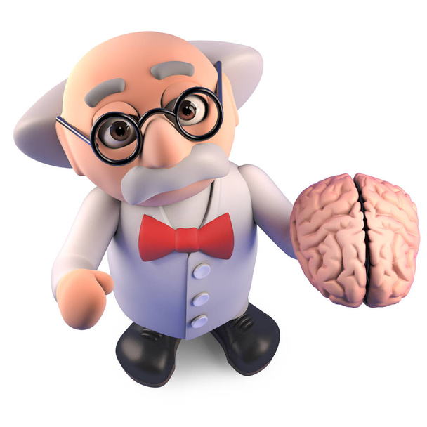 Génie scientifique fou professeur étudie un cerveau humain, illustration 3D
 - Photo, image