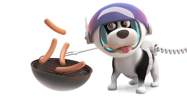 Perro cachorro hambriento en traje espacial cocinar frankfurters en barbacoa barbacoa, ilustración 3d
 - Foto, Imagen