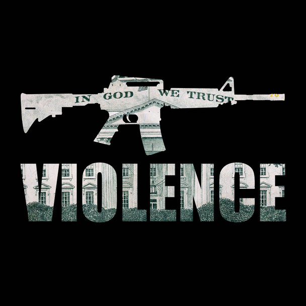 Pistola violenza lettering, soldi dentro su sfondo nero
. - Foto, immagini
