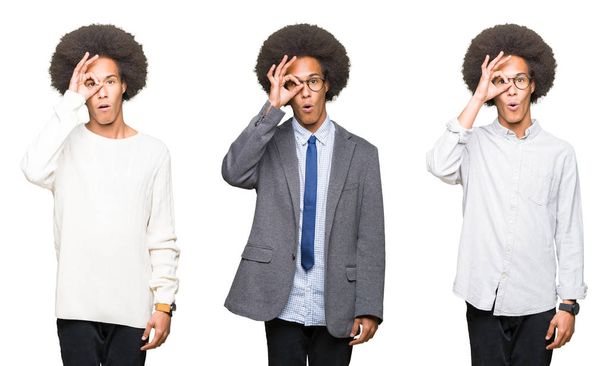 Collage of young man with afro hair over white isolated background doing ok gesture shocked with surprised face, eye looking through fingers. Unbelieving expression. - Photo, Image