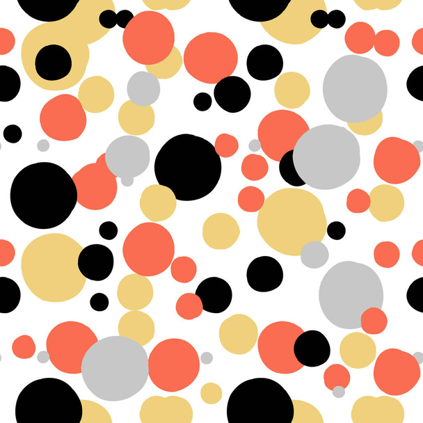 Ditsy vector polka dot pattern with random hand painted circles in white, black, coral red, silver, gold colors. Seamless texture in vintage 1960s fashion style. Modern background with round shapes ep - Vector, Image