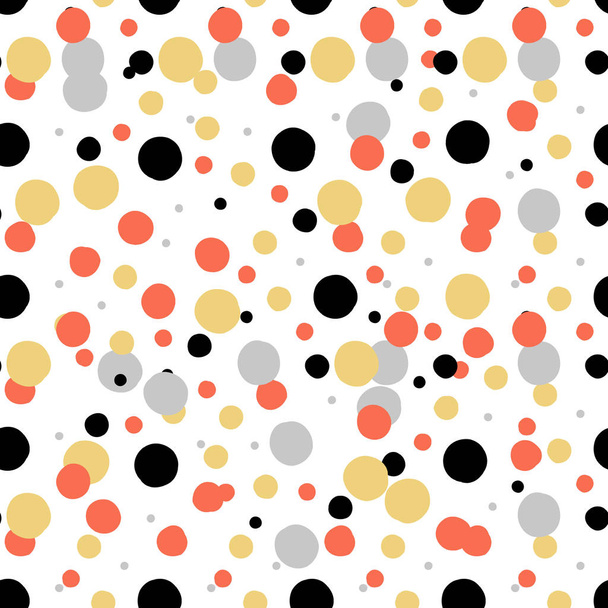 Ditsy вектор горошек рисунок с случайным ручной окрашены круги в белый, черный, коралловый красный, серебряный, золотой цветов. Бесшовная текстура в винтажном стиле 1960-х годов. Современный фон с круглыми формами
 - Вектор,изображение