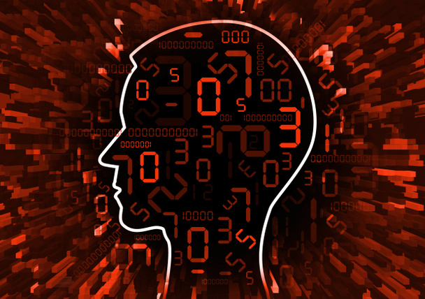 Menselijk hoofd en stroom van rode digitale nummers. Illustratie van gestileerde mannelijke hoofd met rode getallen symboliseren zakelijke mislukking. - Foto, afbeelding