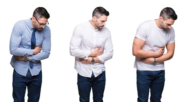 Collage of handsome business man over white isolated background with hand on stomach because nausea, painful disease feeling unwell. Ache concept. - Fotó, kép