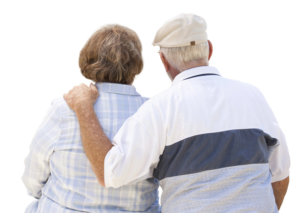Feliz pareja de ancianos desde atrás en blanco
 - Foto, Imagen