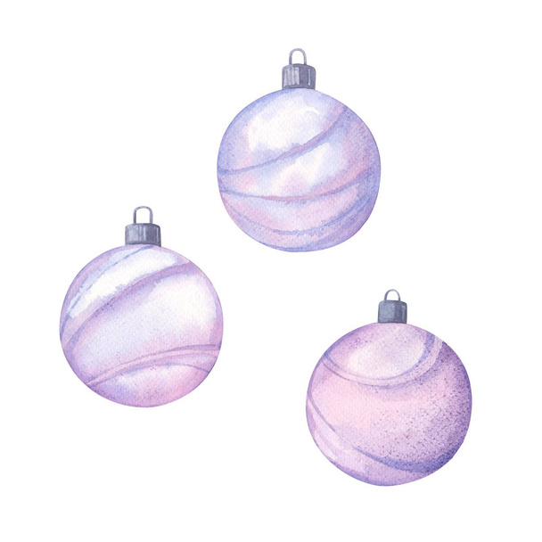 drie aquarel paarse kerstballen - Foto, afbeelding