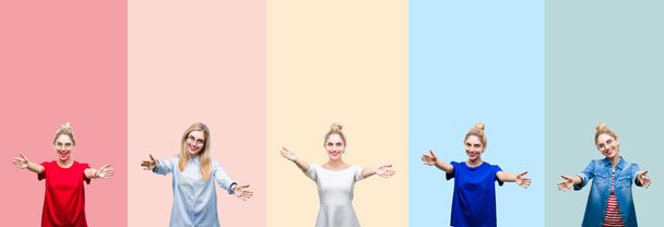 Collage van mooie blonde vrouw op geïsoleerde achtergrond kleurrijke strepen kijken naar de camera glimlachen met open armen voor knuffel. Vrolijke expressie omhelst geluk. - Foto, afbeelding