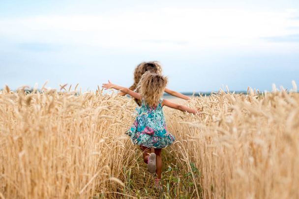 Hermanas emocionales corren en el campo de trigo al atardecer, el concepto de libertad e infancia, estilo de vida, colores pastel
 - Foto, imagen