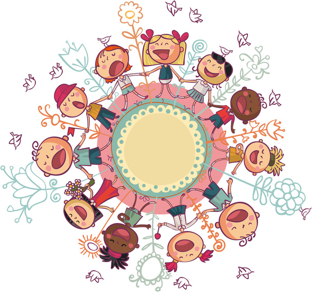 Kids and flowers in circle - Vector, Image