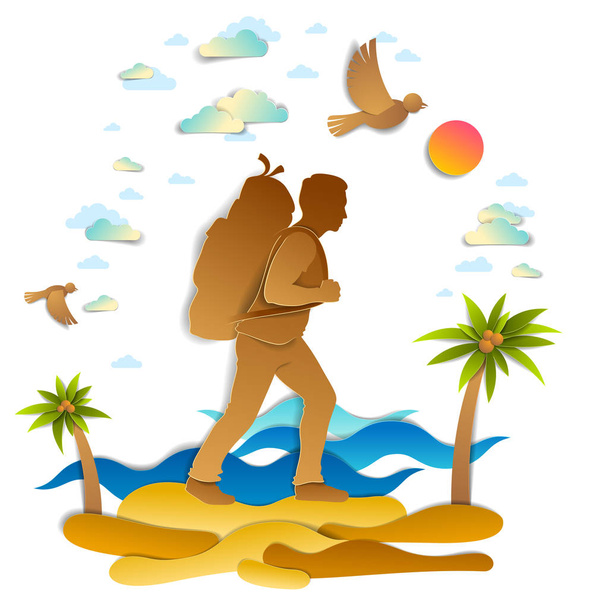 Young active man hiking to sea shore with palms and waves in bac - Vector, Image
