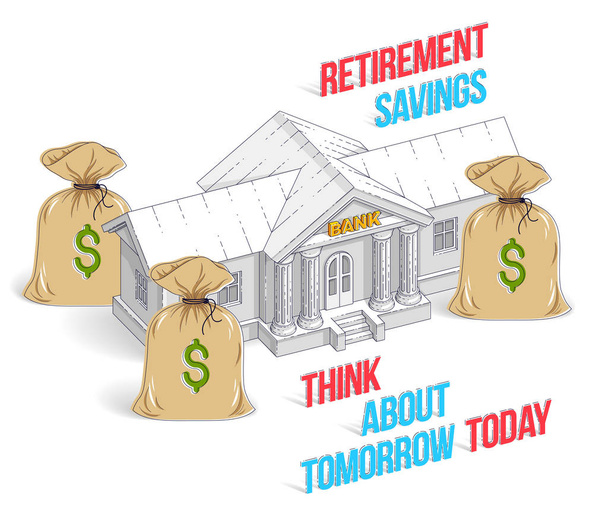 Emeklilik tasarruf konsepti, para çanta cartoo ile banka binası - Vektör, Görsel