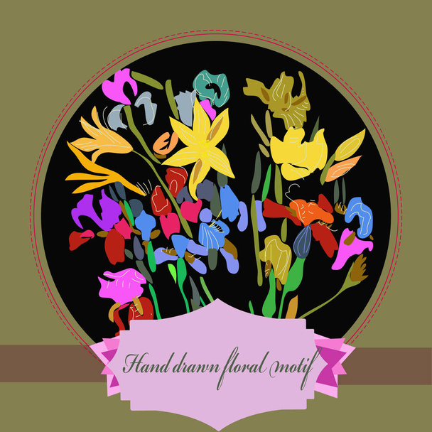Card with hand drawn floral motif, lily, irises, label on a black  background and frame. - Vector, Image