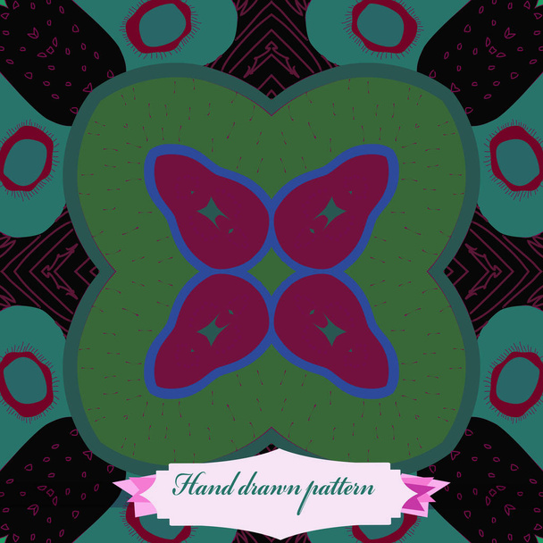 Circular seamless pattern of floral motif, ellipses, doodles, label.   - Vector, Imagen