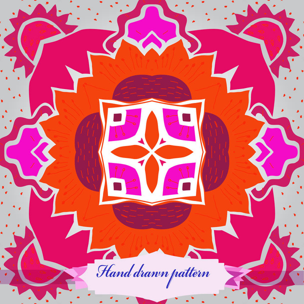 Circular seamless pattern of floral motif, ellipses, doodles, label.   - Vetor, Imagem