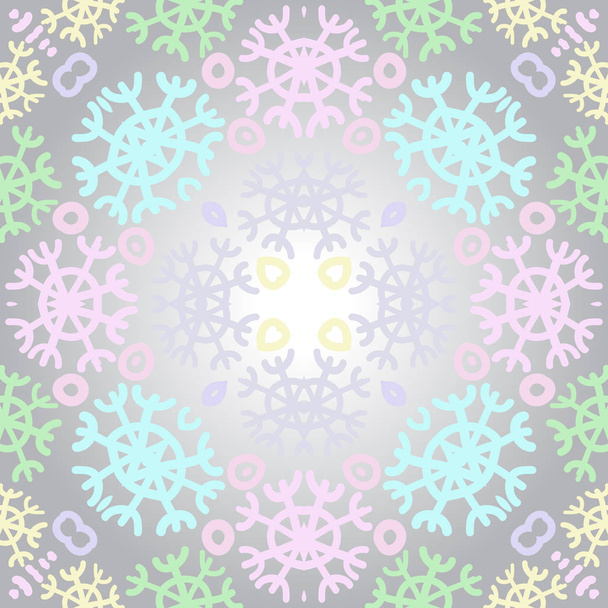 Circular seamless pattern of colored  motifs, snowflakes  on a gradient gray    background. Hand drawn.  - Διάνυσμα, εικόνα