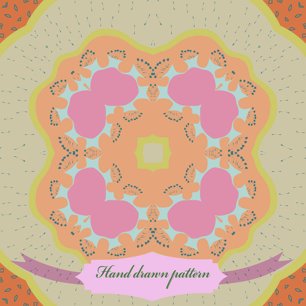 Circular seamless pattern of floral motif, ellipses, doodles, label.   - Vektori, kuva