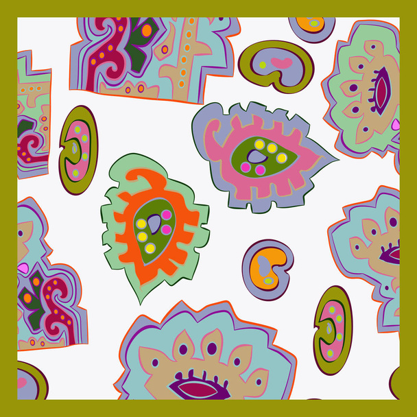 kreisförmige nahtlose Muster mit floralen Motiven, Ellipsen, Kritzeleien, Etiketten.   - Vektor, Bild
