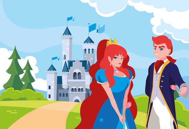 風景の中で城のおとぎ話を持つ王女と王子 - ベクター画像