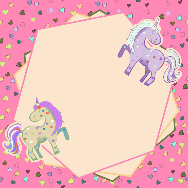 Unicorns in pastel colors on the background of hearts. graphics. Frame. Illustration for Valentine s Day. - Photo, Image