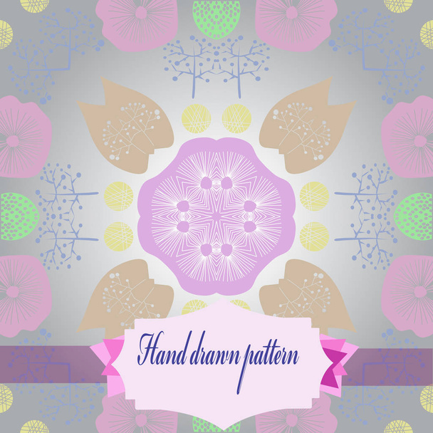 kreisförmiges, nahtloses Muster aus farbigen floralen Motiven, Etikett auf einem grau verlaufenden Hintergrund. Handgezeichnet.  - Vektor, Bild