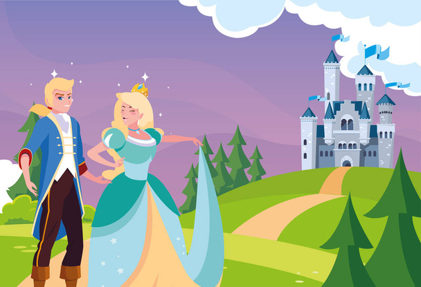 princesa e príncipe com castelo conto de fadas na paisagem
 - Vetor, Imagem