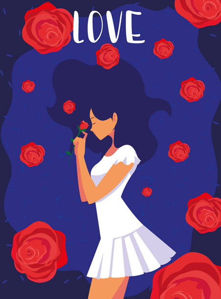 жінка мода в плакаті любов з квітами трояндами
 - Вектор, зображення