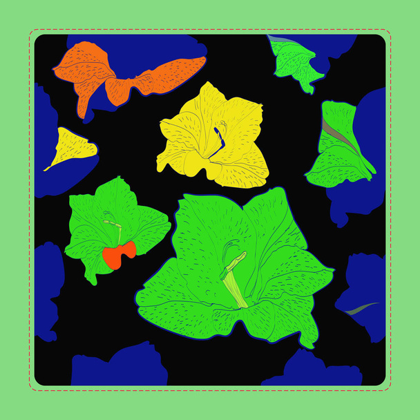 Siyah bir arka plan üzerinde renkli çiçek motifi, gladioli desenli Kart.   - Vektör, Görsel