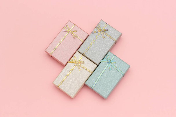 Set of gift boxes of pastel colors on pink background, Top view - Foto, immagini