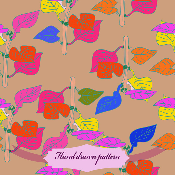 Seamless pattern of colored branches, leaves, label. Hand drawn - ベクター画像