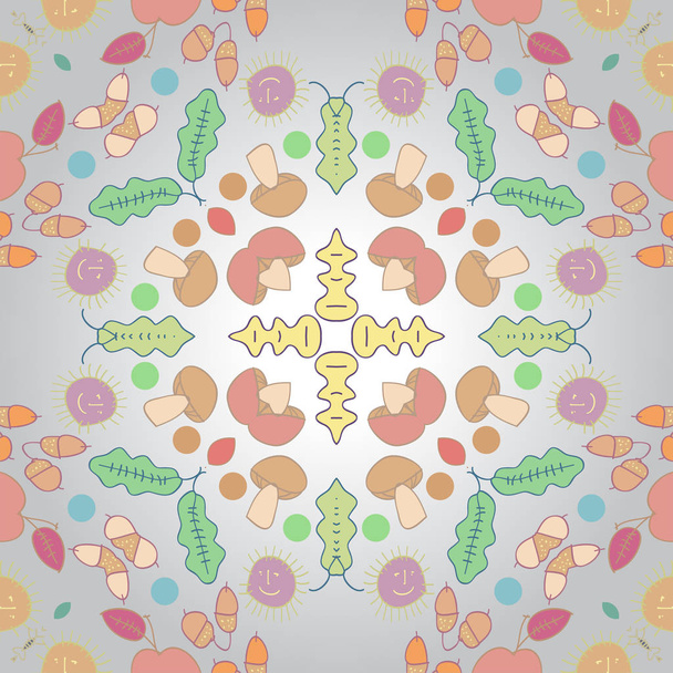 Circular seamless pattern of colored leaves, mushrooms, spots  on a gradient gray background. Hand drawn, autumn theme. - Vector, afbeelding