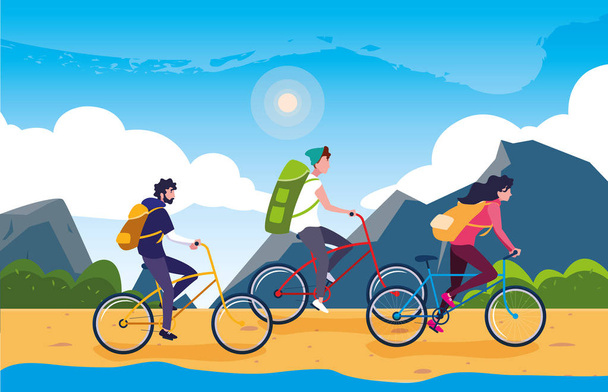 campers in beautiful landscape scene with bicycles - Vector, Image