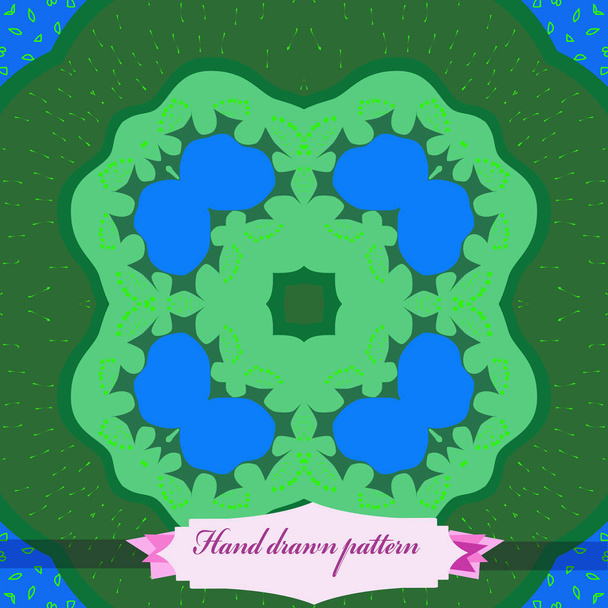 Circular seamless pattern of floral motif, ellipses, doodles, label.   - Wektor, obraz