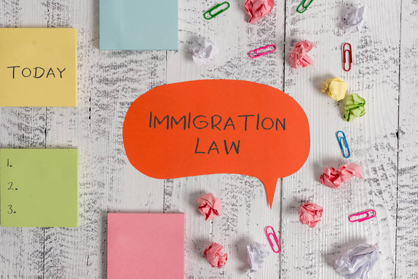Word writing text Immigration Law. Business concept for Emigration of a citizen shall be lawful in making of travel Blank speech bubble paper balls clips sticky notes old wooden background. - Φωτογραφία, εικόνα