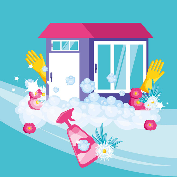 herramientas de limpieza con fachada hogar e iconos
 - Vector, imagen