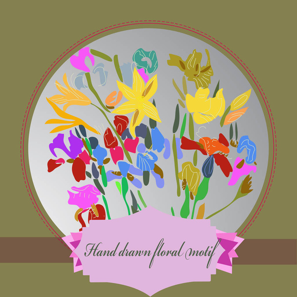 Kaart met hand getekende bloemen motief, Lily, irissen, label op een kleurovergang grijze achtergrond en frame. - Vector, afbeelding