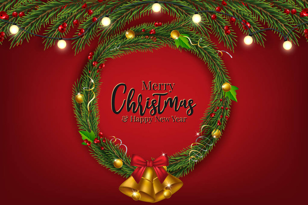 Achtergrond met rand van realistisch uitziende kerstboom takken versierd met bessen - Vector, afbeelding