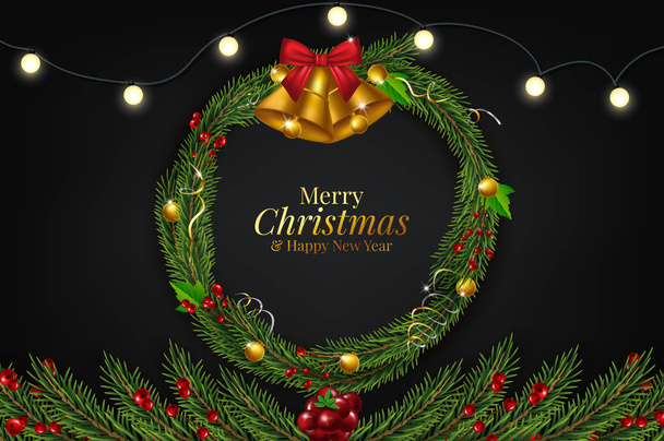 Background with Border of Realistic Looking Christmas Tree Branches Decorated with Berries - Vetor, Imagem