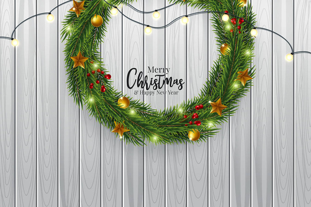 Christmas Tree Branch Decorated with Gold Bubbles - Vector, Image
