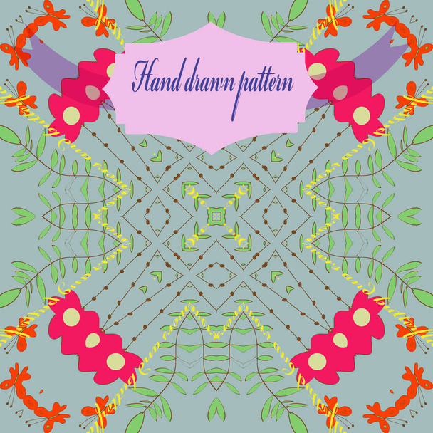 Circular seamless pattern of colored floral motif, branches, butterflies, text and label. Hand drawn. - Vektor, kép